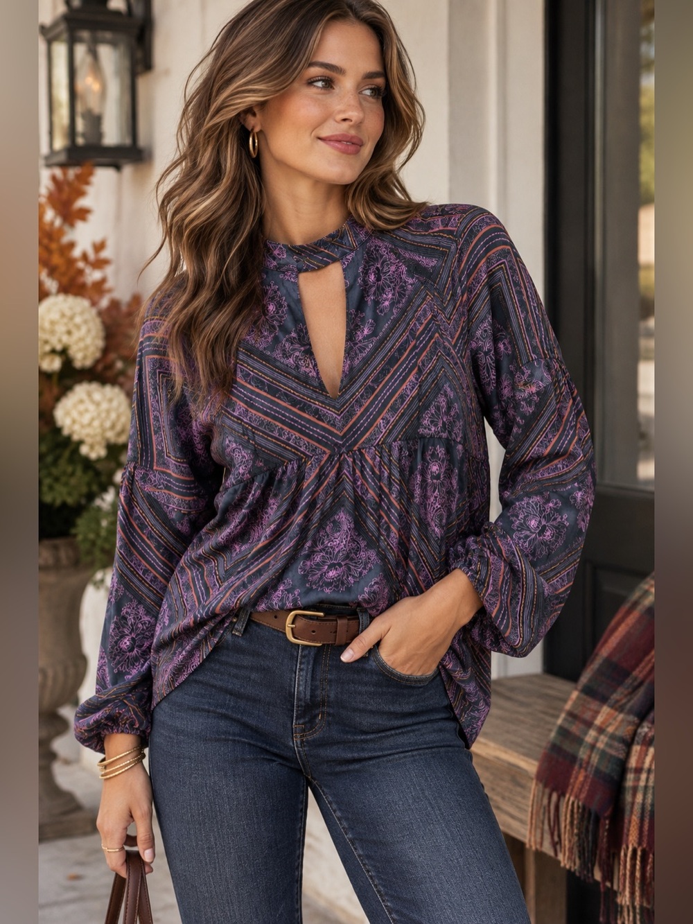 Free People Purple Paisley Keyhole Blouse S Boho Long Sleeve Tunic Top